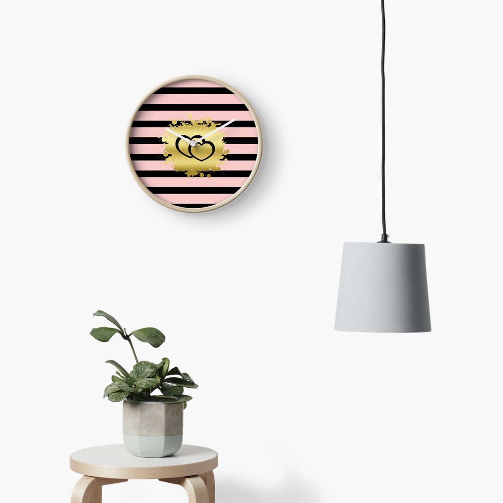 Trendy Blush Pink Black Stripes Gold Glitter Hearts Clock