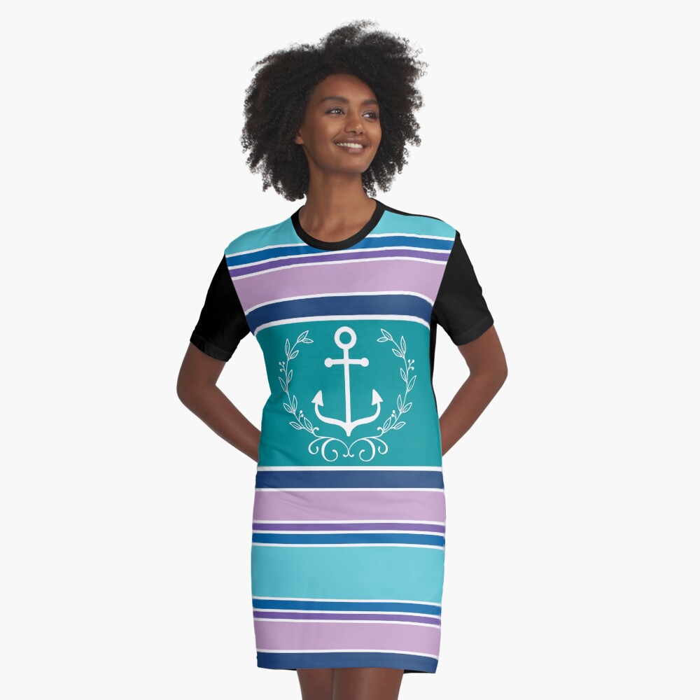 Nautical Wreath Anchor Coastal Teal Purple Blue Summer Graphic T-Shirt Dress