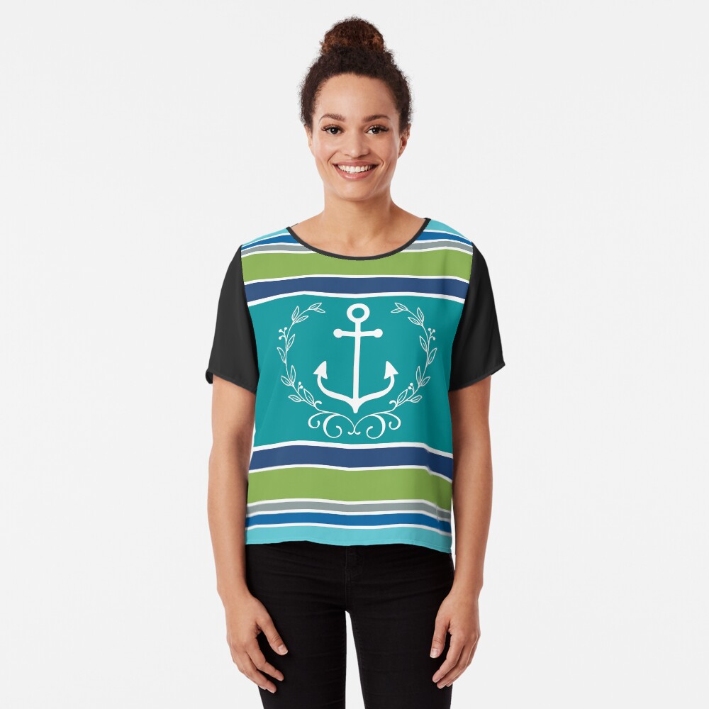 Trendy Monogram Anchor Laurel Wreath Stripes Aqua Chiffon Top