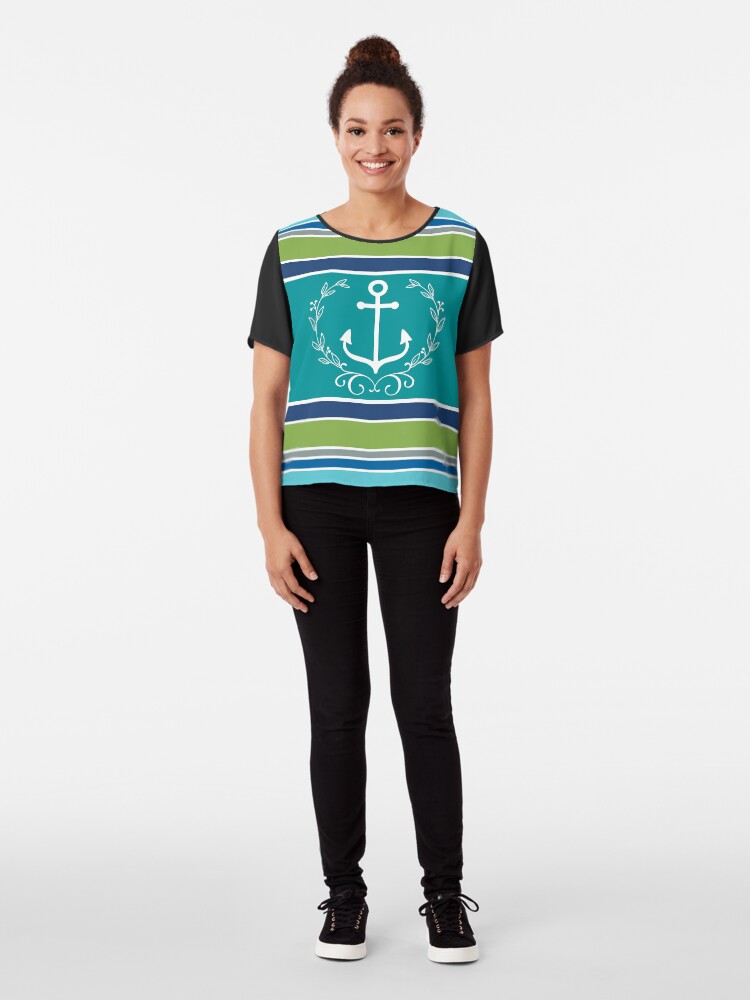 Alternate view of Trendy Monogram Anchor Laurel Wreath Stripes Aqua Chiffon Top