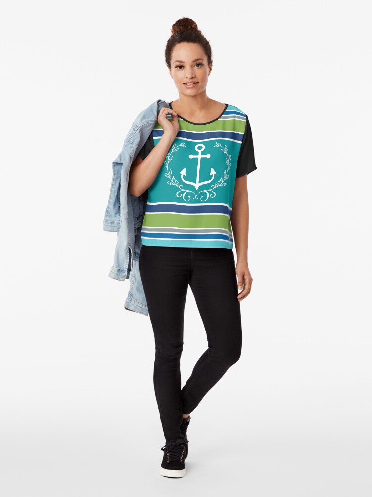 Alternate view of Trendy Monogram Anchor Laurel Wreath Stripes Aqua Chiffon Top