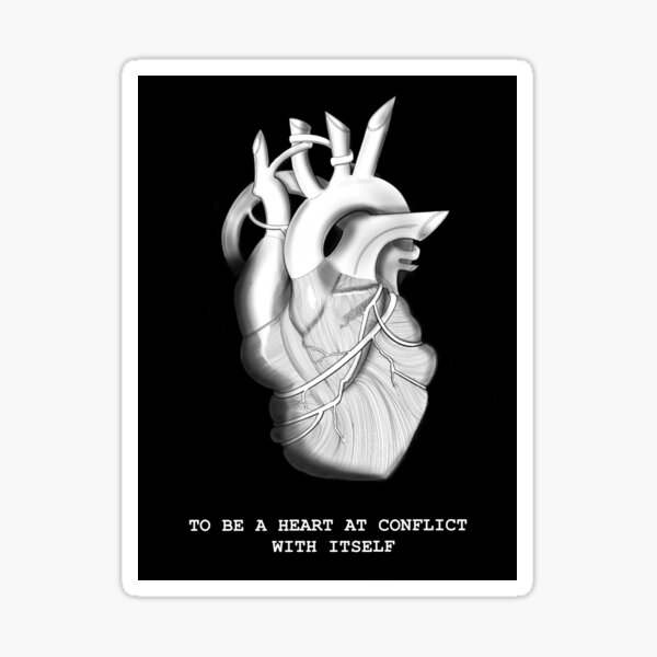 Un cœur en conflit avec lui-même (noir, blanc) Sticker