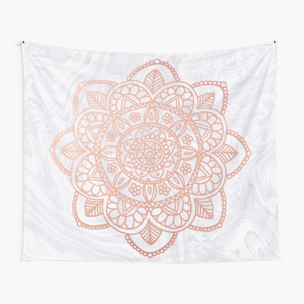 Rose Gold Mandala on White Marble Tapestry
