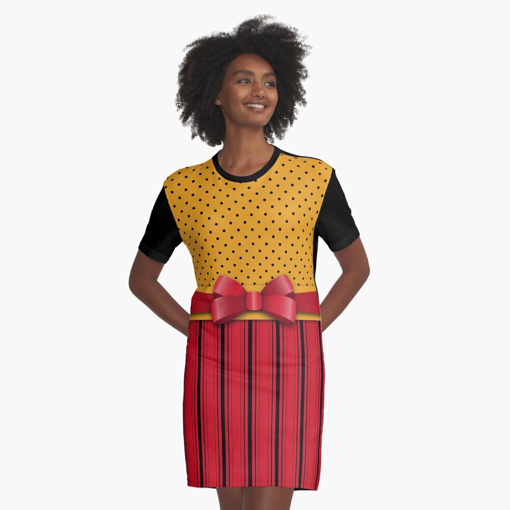 Trendy Red Bow Ribbon Yellow Polka Dots Stripes Graphic T-Shirt Dress