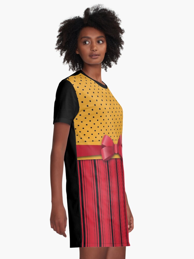 Alternate view of Trendy Red Bow Ribbon Yellow Polka Dots Stripes Graphic T-Shirt Dress