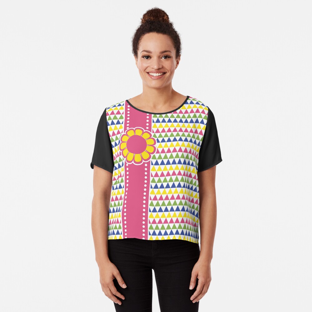 Colorful Geometric Pyramid Flower Ribbon Yellow Pink Green Chiffon Top