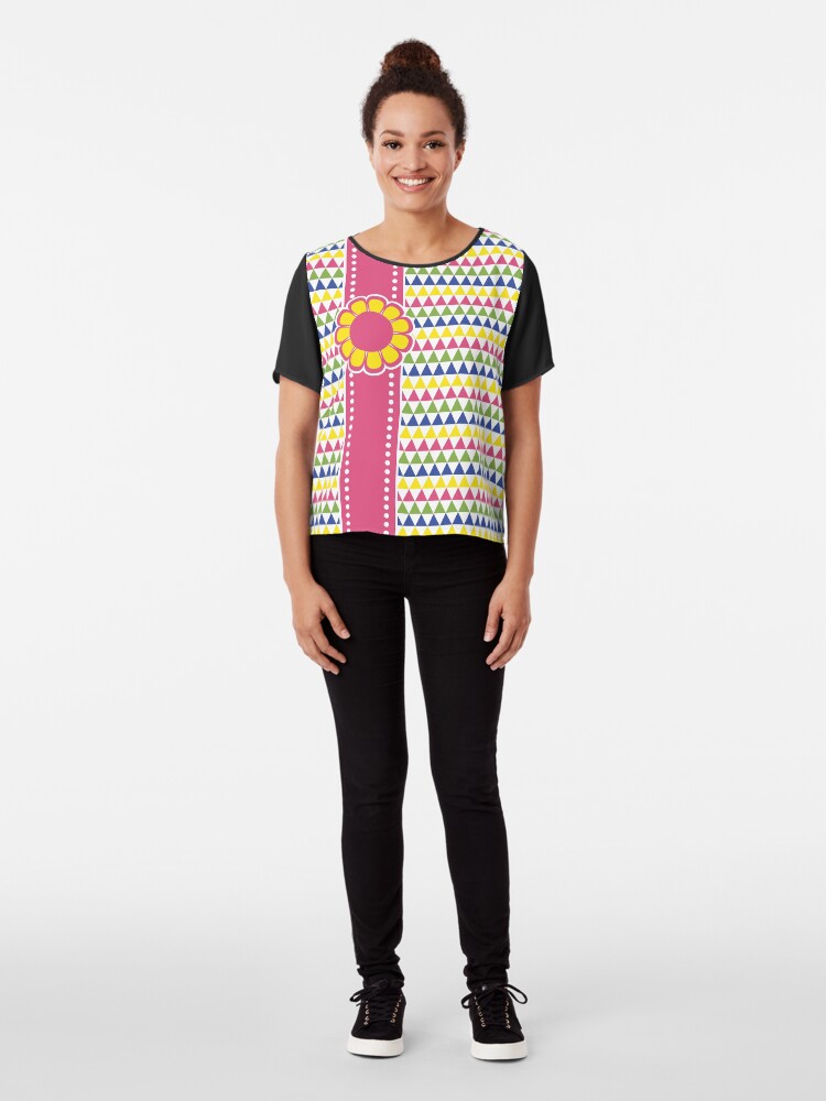 Alternate view of Colorful Geometric Pyramid Flower Ribbon Yellow Pink Green Chiffon Top