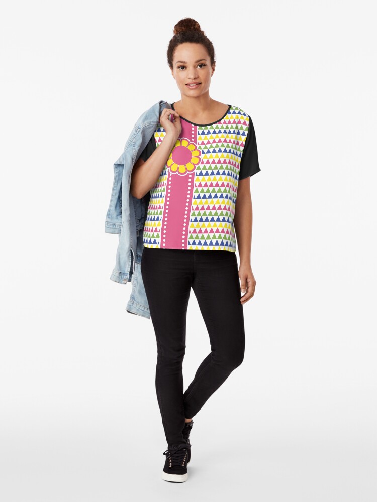 Alternate view of Colorful Geometric Pyramid Flower Ribbon Yellow Pink Green Chiffon Top