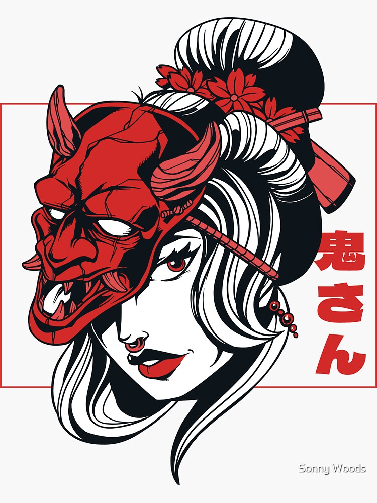 "Oni Mask Samurai Demon Girl Japanese Anime Shinobi Devil" Sticker for