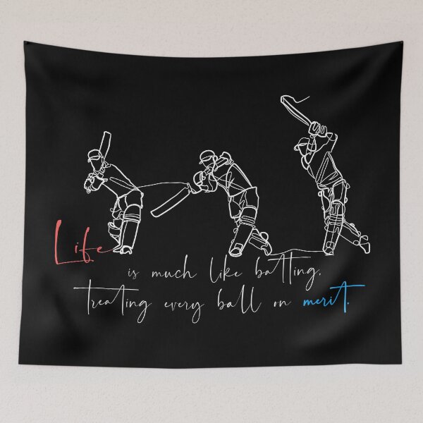 Item preview, Continuous one line art cricket batting with quote: "Life is much like batting, treating every ball on merit." calligraphy typography  designed and sold by scribblelife.