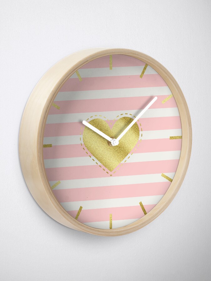 Alternate view of Heart Trendy Blush Pink Stripes Gold Glitter Stitches Clock