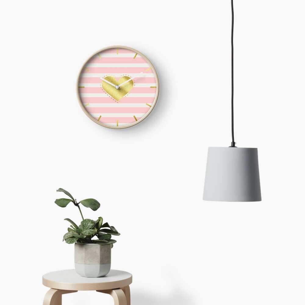 Heart Trendy Blush Pink Stripes Gold Glitter Stitches Clock