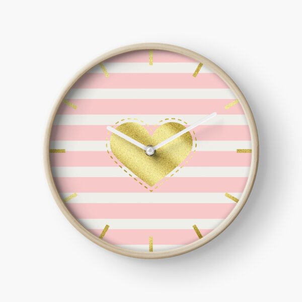 Heart Trendy Blush Pink Stripes Gold Glitter Stitches Clock