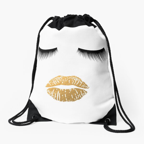 Lashes and Lips - Gold Lips and Eyelashes Makeup Face Drawstring Bag