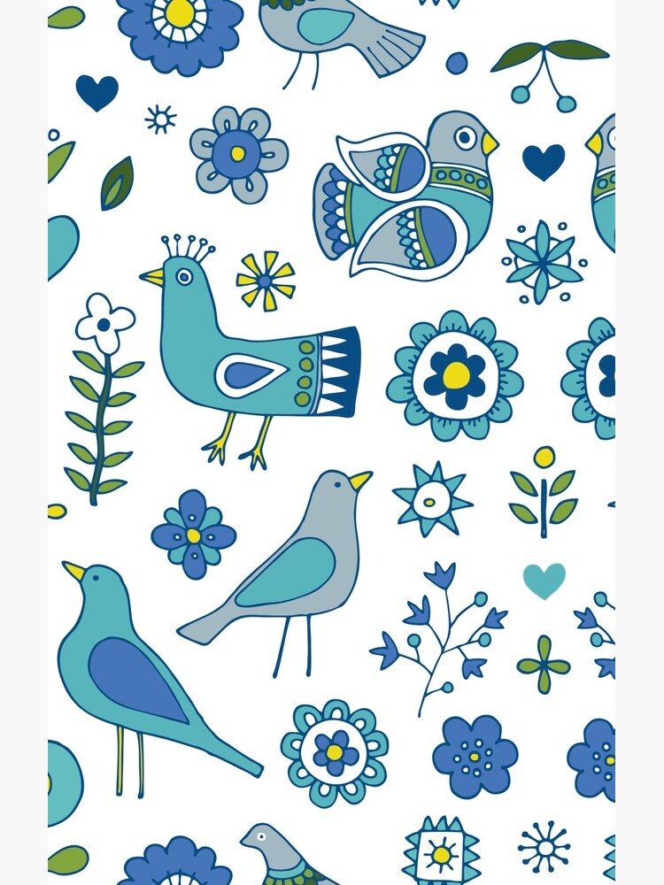 Scandi Folk Birds - blue & white - Scandinavian folk art pattern by Cecca Designs by Cecca-Designs