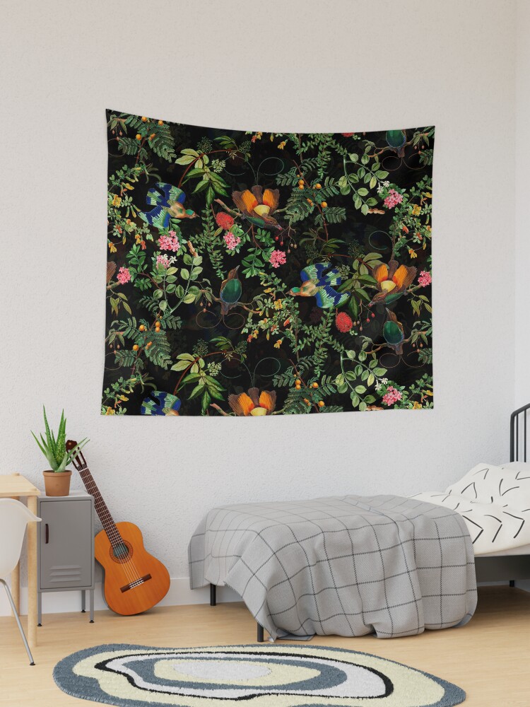 tropical birds and Flowers Vintage Pattern black Botanical Night