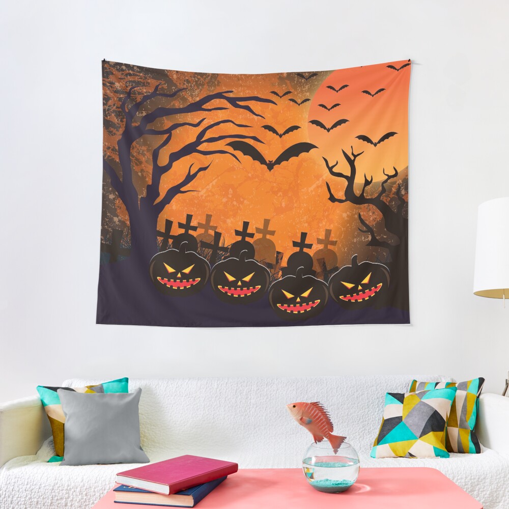 Halloween Scary Evil Pumpkin Funny Pumpkin Head Tapestry