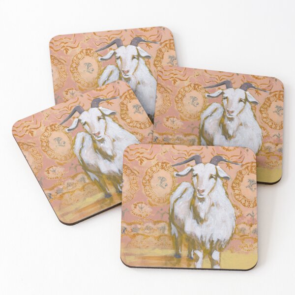 Item preview, Long Haired White Goat with Peach and Yellow Background designed and sold by AMOpainting.