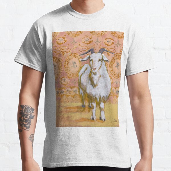 Long Haired White Goat with Peach and Yellow Background Classic T-Shirt