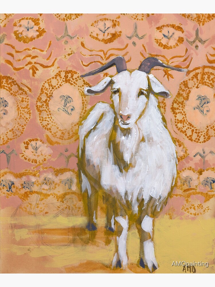 Long Haired White Goat with Peach and Yellow Background by AMOpainting