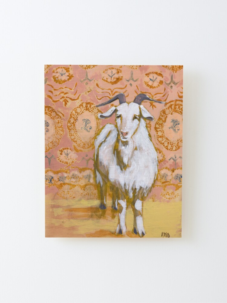 Alternate view of Long Haired White Goat with Peach and Yellow Background Mounted Print