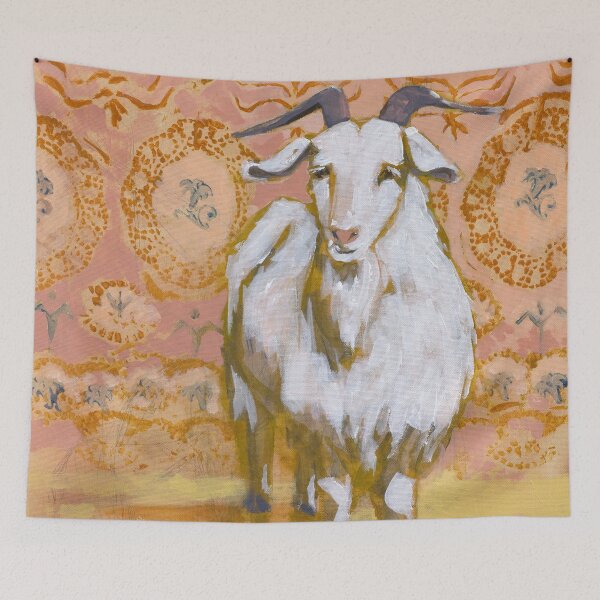 Item preview, Long Haired White Goat with Peach and Yellow Background designed and sold by AMOpainting.