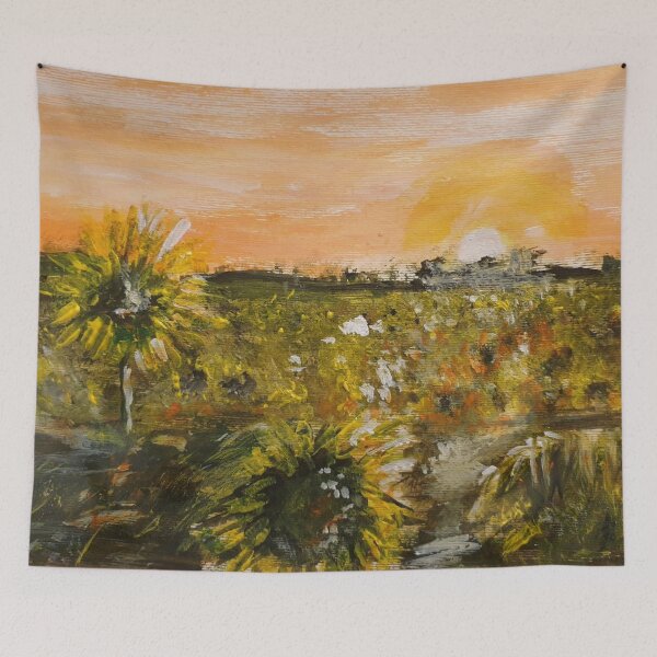 Item preview, Sunflower field orange sunset acrylic painting  designed and sold by WorldOfWendyArt.