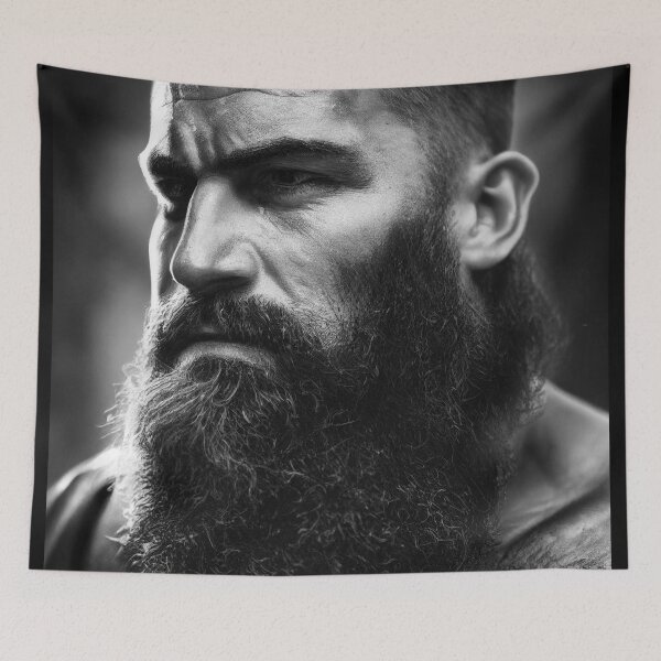 Item preview, Legendary Barbarian Warrior  –  Black And White Portrait Of A Cool Hairy Bearded Barbarian  Warrior | Midjourney AI Generated Art designed and sold by MadeByRobots.