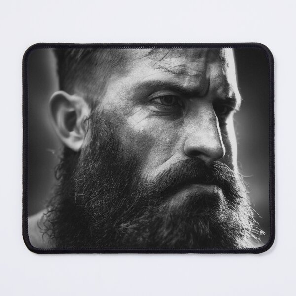 Item preview, Legendary Barbarian Warrior – Black And White Portrait Of A Cool Hairy Bearded Barbarian Warrior | Midjourney AI Generated Art designed and sold by MadeByRobots.