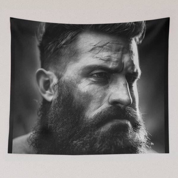 Item preview, Legendary Barbarian Warrior  –  Black And White Portrait Of A Cool Hairy Bearded Barbarian  Warrior | Midjourney AI Generated Art designed and sold by MadeByRobots.