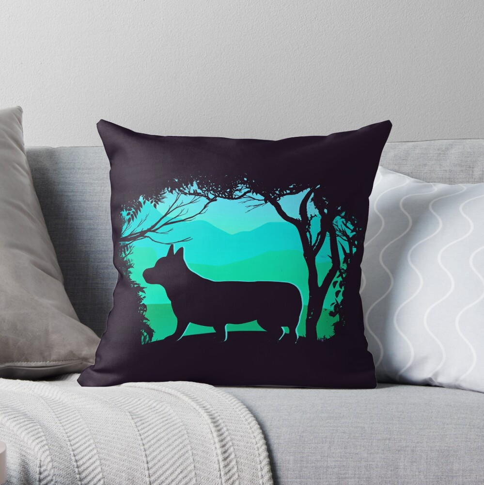 Corgi Forest Silhouette Throw Pillow