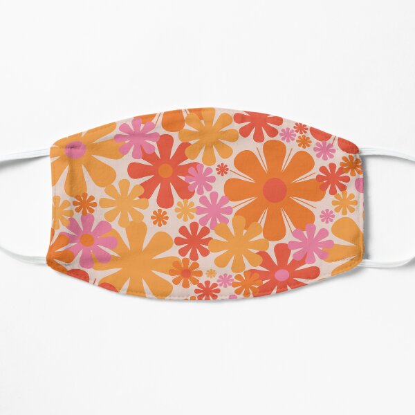 Retro 60s 70s Aesthetic Floral Pattern in Orange, Pink, and Yellow Tones Flat Mask