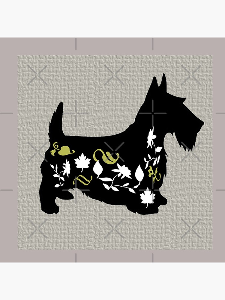 SCOTTY DOG WITH FLOWERS IN BLACK WITH GREY TEXTURED BACKGROUND by ozcushionstoo