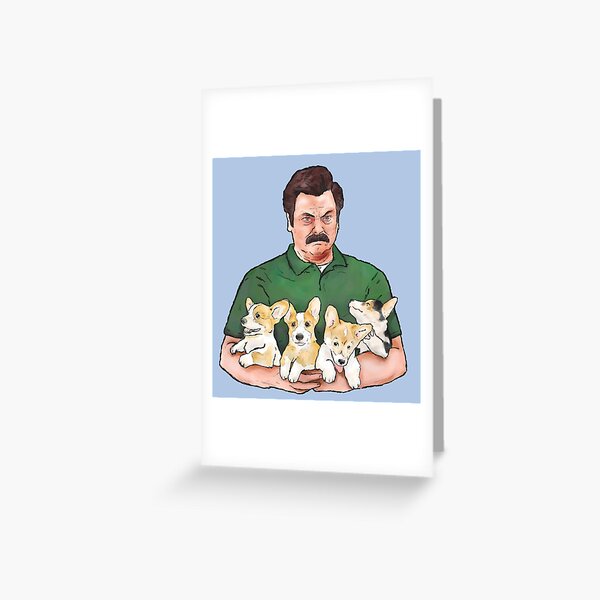 Ron Swanson Holding Corgi Puppies Greeting Card