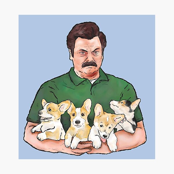 Ron Swanson Holding Corgi Puppies Photographic Print