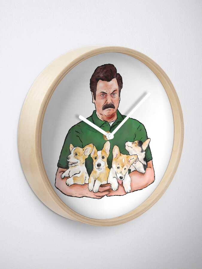 Alternate view of Ron Swanson Holding Corgi Puppies Clock