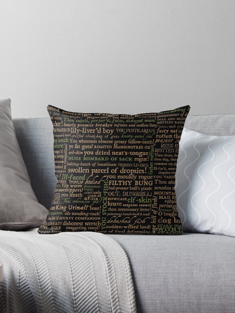 Throw Pillow, Shakespeare Insults Dark - Revised Edition (by incognita) designed and sold by Styled Vintage