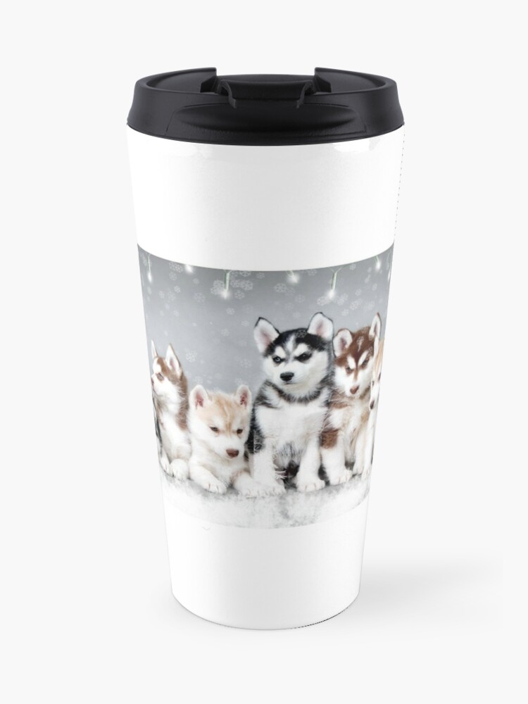 Christmas Siberian Husky Puppies Travel Mug By Answersfound Redbubble