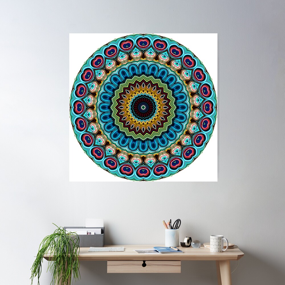 Turquoise Blue Coral Red Lime Green Mandala Art Pattern