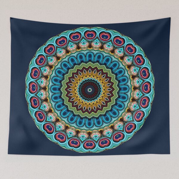 Aperçu de l'œuvre Motif Art Mandala Turquoise Bleu Corail Rouge Citron Vert créée et vendue par LC Graphic Design Studio.