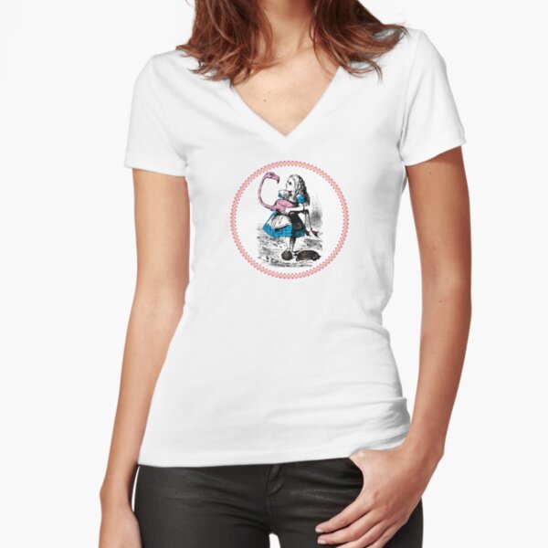 Alice in Wonderland | Alice Playing Croquet with a Flamingo and Hedgehogs | Vintage Alice | Fitted V-Neck T-Shirt