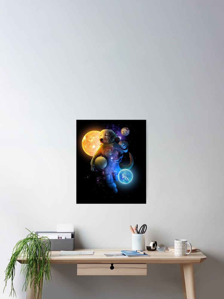 Thumbnail 2 of 3, Poster, Funny golden retriever as an astronaut in space with planets designed and sold by BrainlabStudios.