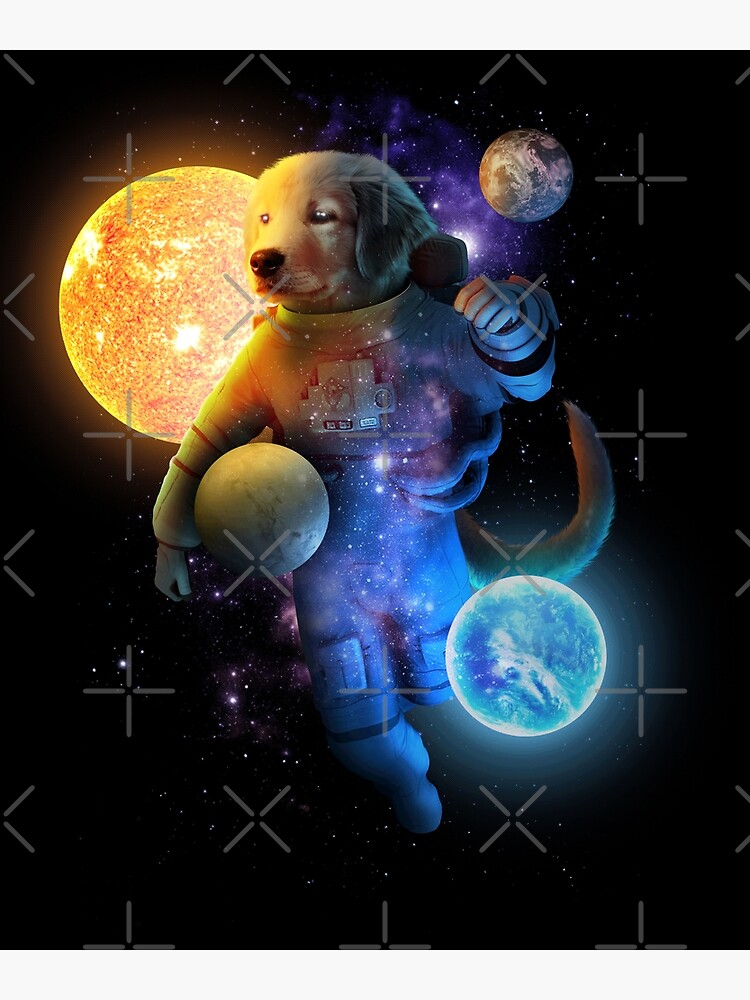 Thumbnail 3 of 3, Poster, Funny golden retriever as an astronaut in space with planets designed and sold by BrainlabStudios.