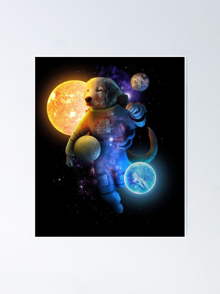 Thumbnail 1 of 3, Poster, Funny golden retriever as an astronaut in space with planets designed and sold by BrainlabStudios.