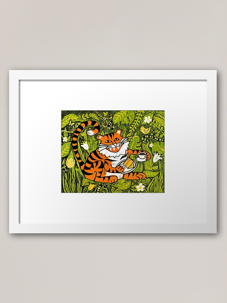 Alternate view of Tiger tea time - Original Linocut by Francesca Whetnall Framed Art Print