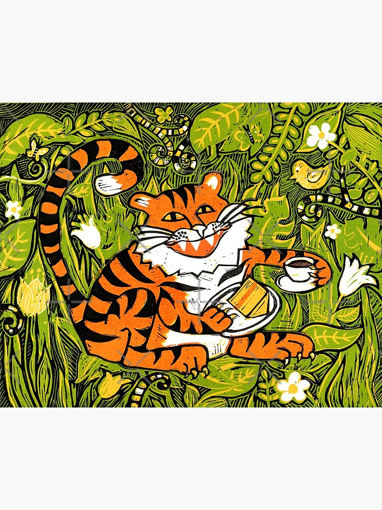 Tiger tea time - Original Linocut by Francesca Whetnall by Cecca-Designs