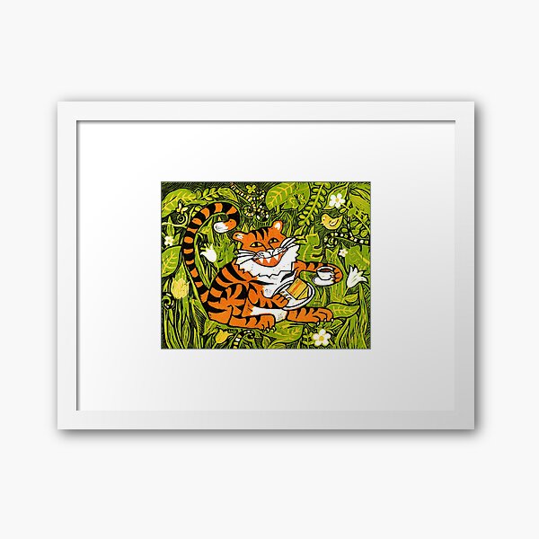 Tiger tea time - Original Linocut by Francesca Whetnall Framed Art Print