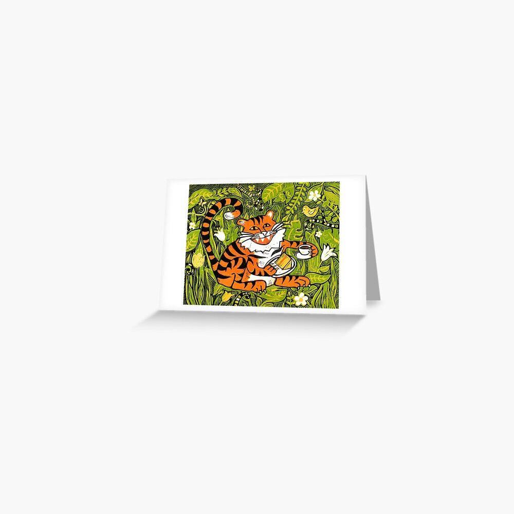 Tiger tea time - Original Linocut by Francesca Whetnall Greeting Card