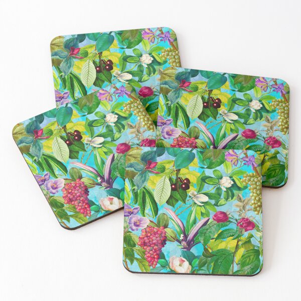Item preview, Trendy tropical floral leaves and fruits tropical pattern, botanical illustration, aqua blue floral illustration  designed and sold by ZeinabTaha.