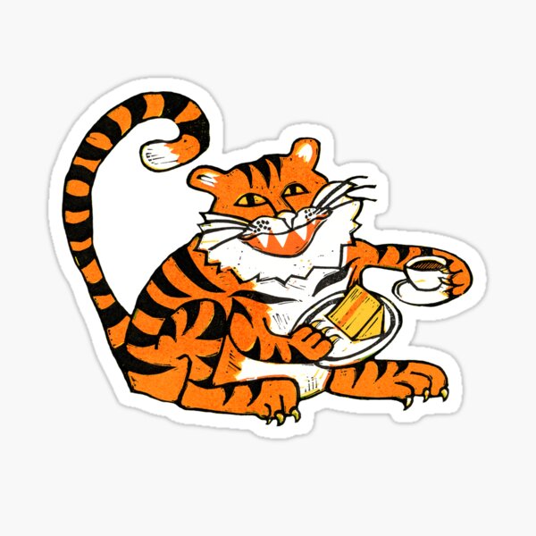 Tiger tea time - Original Linocut by Francesca Whetnall Sticker